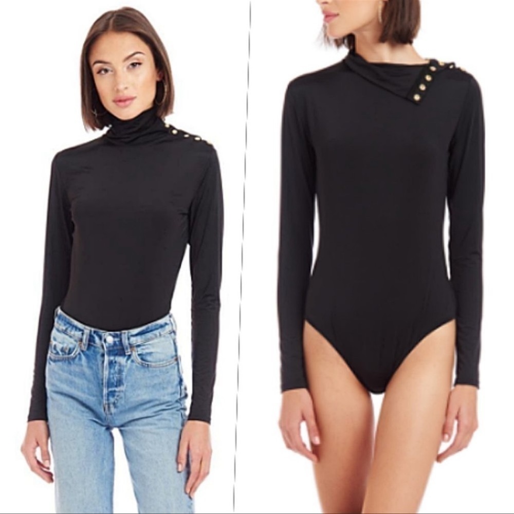 𝅺AMANDA UPRICHARD Black Elvin long sleeve bodysuit mock turtleneck gold snaps S